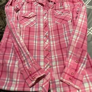 Cowgirl brand shirt with pearl snaps..size L pink and white plaid